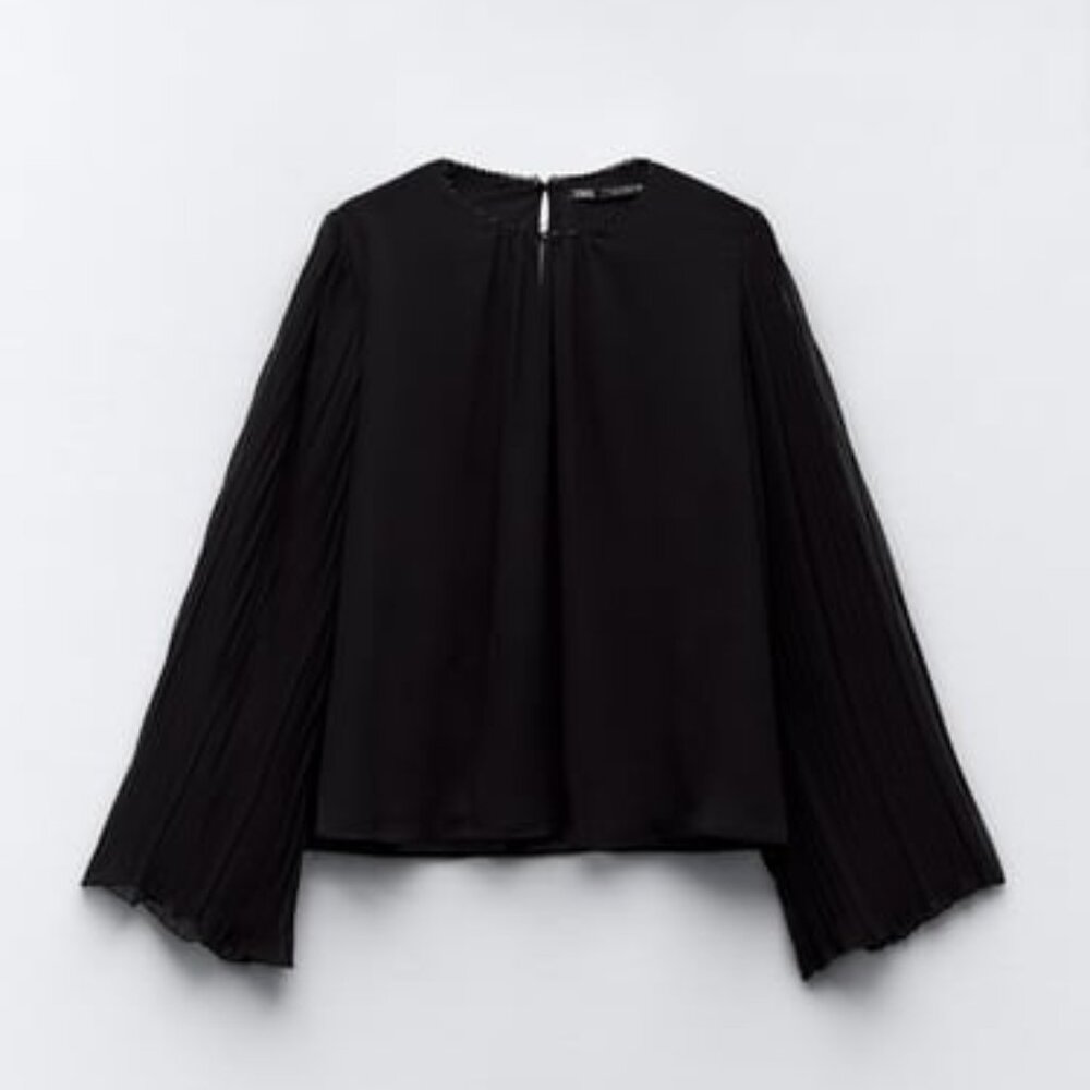 ZARA PLEATED SLEEVE BLOUSE WITH BEADED NECKLINE